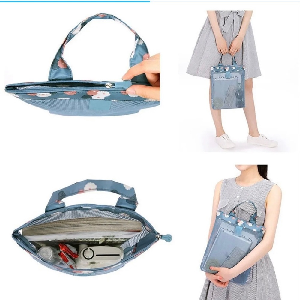 Blue mesh travel bag with zipper closure and flower print on top